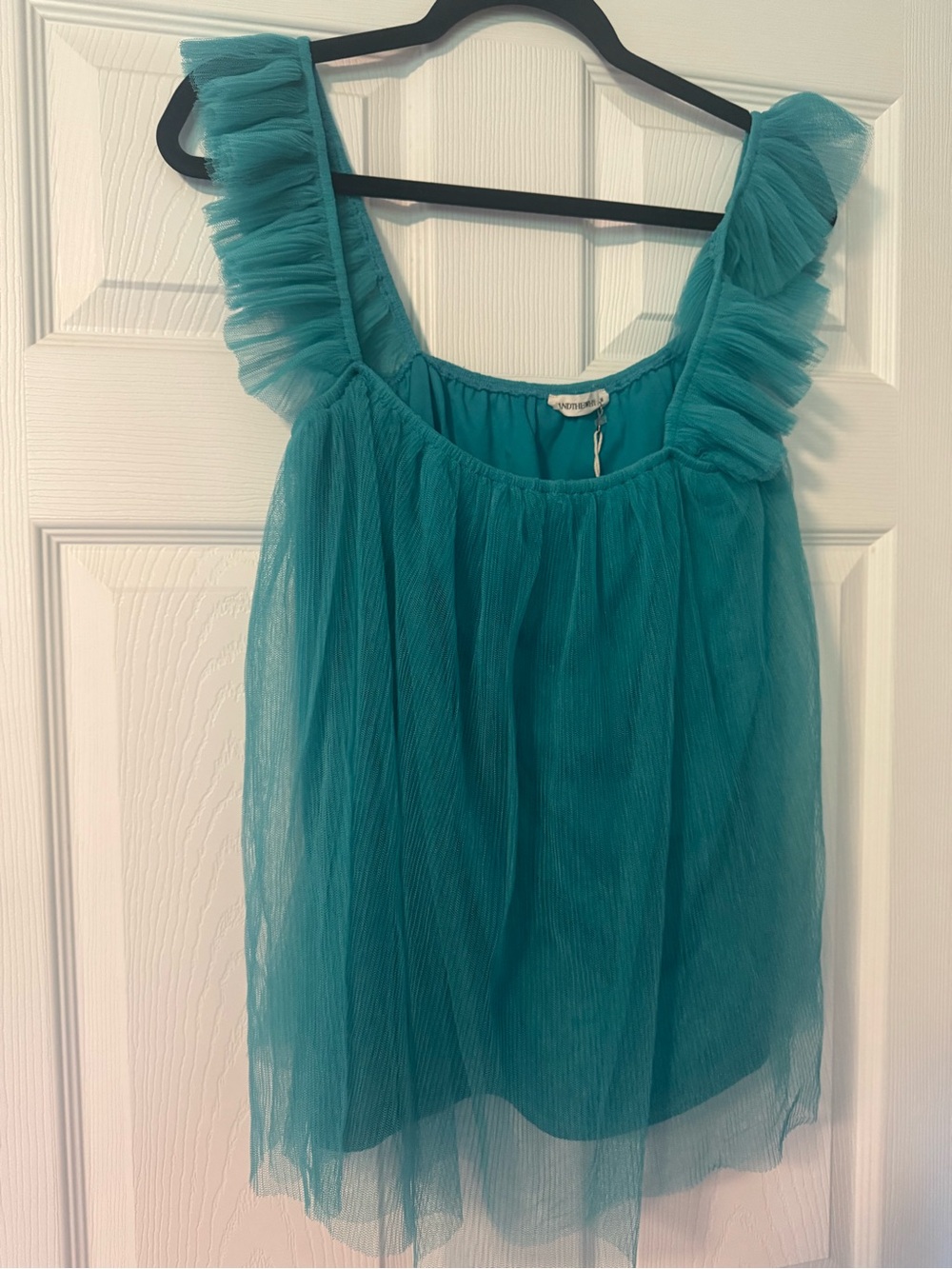 Andthewhy Teal Ruffle Strap Tulle Top